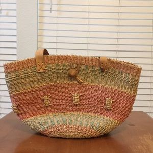 Hand woven Multicolored Rattan and Leather Tote bag